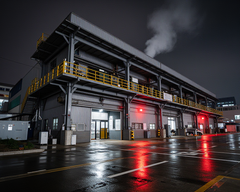 Cinematic view of a warehouse fire scene