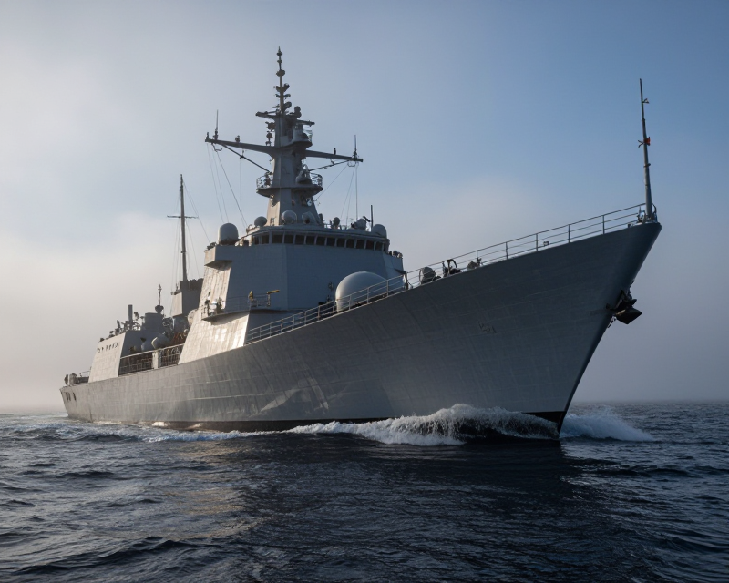Cinematic Naval Destroyer at Dawn